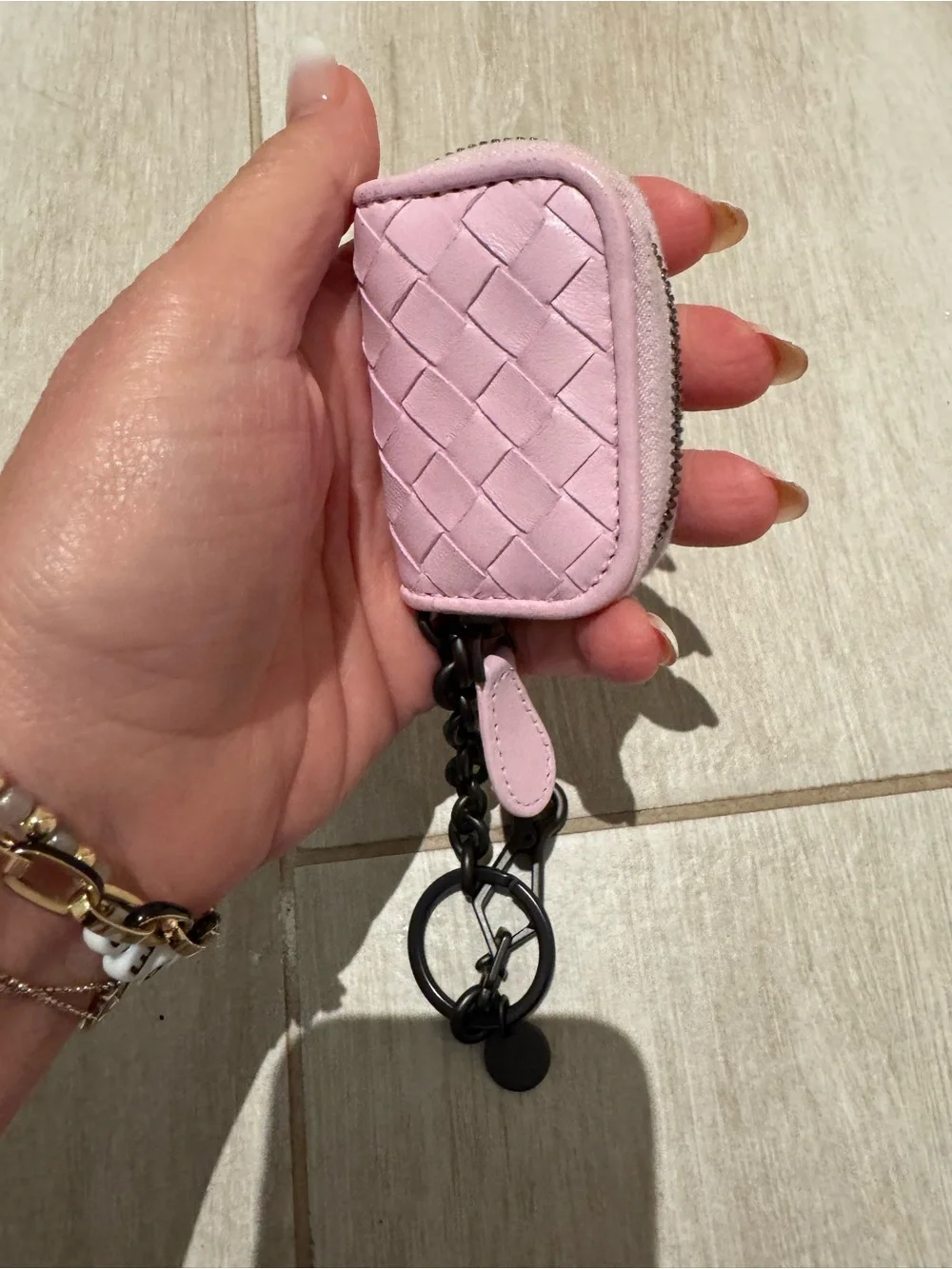 Bottega Veneta Pink Intrecciato Woven Leather Zip pouch Key chain